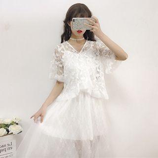 Set: Short-sleeve Lace Blouse + Spaghetti Strap Lace Panel A-line Dress