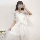 Set: Short-sleeve Lace Blouse + Spaghetti Strap Lace Panel A-line Dress