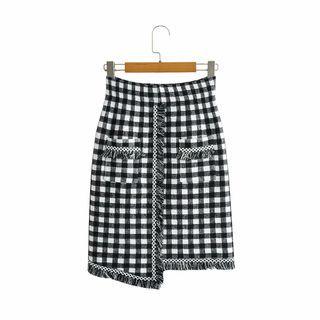 Fray Hem Gingham Knit Mini Pencil Skirt
