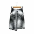 Fray Hem Gingham Knit Mini Pencil Skirt