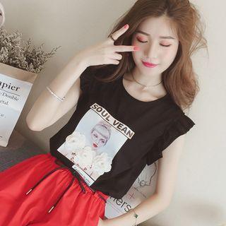 Printed Frill Trim-sleeve T-shirt