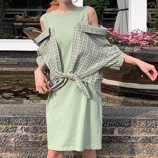 Mock Two-piece 3/4-sleeve Plaid Panel Dress Avocado Green - One Size