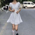 Puff-sleeve Frill Trim Lace-up A-line Mini Dress