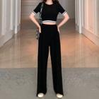 Short-sleeve Plain Crew-neck Cropped Top & Plain High-waist Straight-leg Jeans Black - One Size