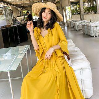 Bell-sleeve Ruffled Midi A-line Dress