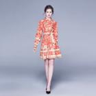 Long-sleeve Printed Mini A-line Shirt Dress