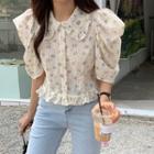Puff-sleeve Collared Floral Print Blouse Off-white - One Size