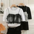 Mesh-panel Mock Two-piece Loose T-shirt