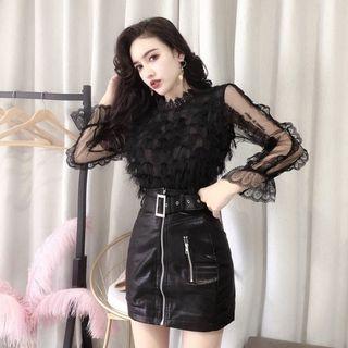 Fringed Trim Mesh Long-sleeve Top / Faux-leather Mini Skirt / Set