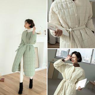 Round-neck Quilted Long Coat With Sash