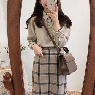 Long-sleeve Shirt / Plaid Midi Fitted Skirt / Button Vest / Set