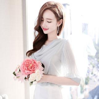 Faux-pearl Trim Drape-front Chiffon Top