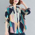 V-neck Printed Blouse Geometry - Multicolor - One Size