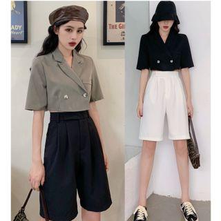 Elbow-sleeve Double Breasted Cropped Top / Wide-leg Dress Shorts