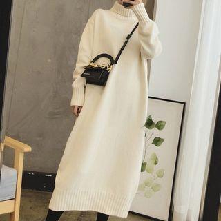 Long-sleeve Turtleneck Knit Midi Shift Dress