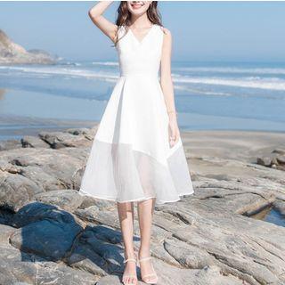 Sleeveless Mesh Paneled A-line Midi Dress