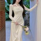 Halter-neck Long-sleeve Midi A-line Dress