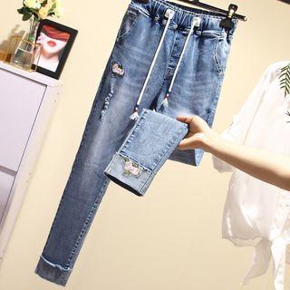 Floral Embroidered Elastic Waist Skinny Jeans