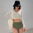 Set: Long-sleeve Swim Top + Spaghetti Strap Swim Top + Bottom
