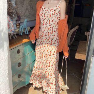 Spaghetti Strap Cherry Print Mermaid Midi Sheath Dress / Cardigan / Set