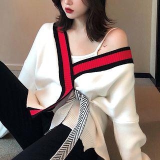 Color Block V-neck Knit Cardigan As Shown In Figure - One Size