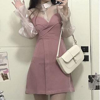 Long-sleeve Plain Blouse / Spaghetti Strap Mini Dress