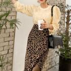 Set: Long-sleeve Floral Mesh Top + Leopard Print Irregular Pencil Skirt