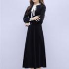 Tie-neck Long-sleeve Midi A-line Velvet Dress
