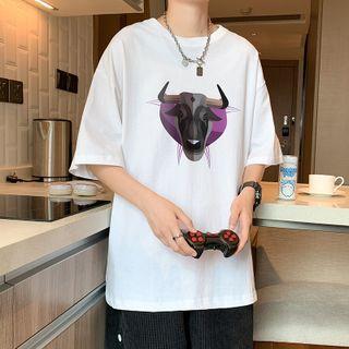 Bulls Print Short Sleeve Oversized Tee