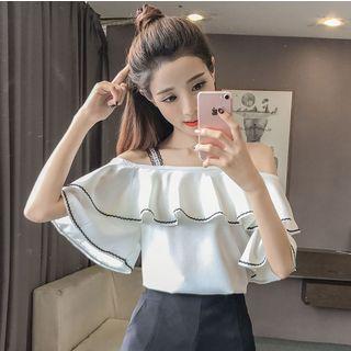 Contrast Trim Off Shoulder Elbow Sleeve Blouse