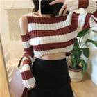 Cut Out Shoulder Cropped Striped Sweater