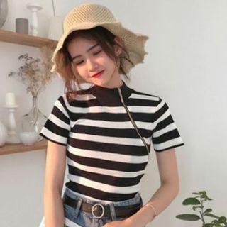 Mock-neck Short-sleeve Zip Panel Striped T-shirt