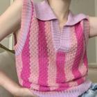 Striped Collared Sweater Vest Light Purple - One Size