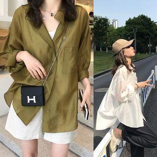 Long-sleeve Plain Button-up Chiffon Shirt