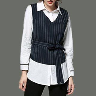 Set: Contrast Trim Shirt + Pinstriped Vest
