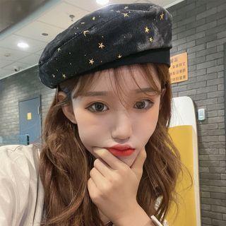 Moon & Star Embroidered Beret Hat