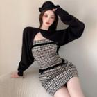 Knit Shrug / Spaghetti Strap Plaid Dress