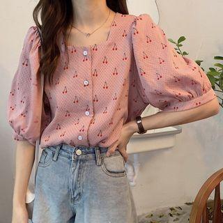 Elbow-sleeve Cherry Print Top