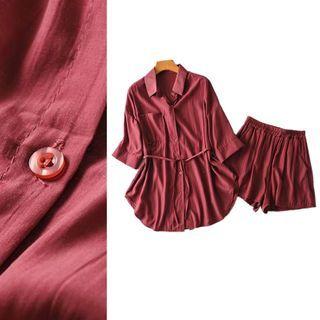 Set: Tie-waist Pocket-front Elbow-sleeve Shirt + Elastic-waist Shorts