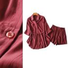 Set: Tie-waist Pocket-front Elbow-sleeve Shirt + Elastic-waist Shorts