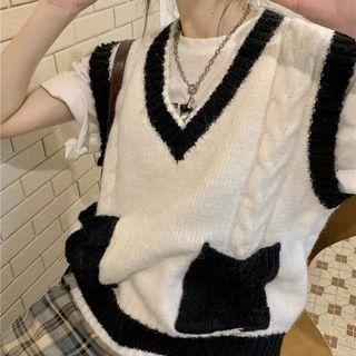 V-neck Two-tone Cable Knit Sweater Vest White - One Size