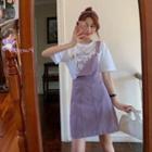 Cat Print Elbow-sleeve T-shirt / Mini A-line Pinafore Dress