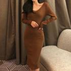 Knit V-neck Long-sleeve Midi Sheath Dress