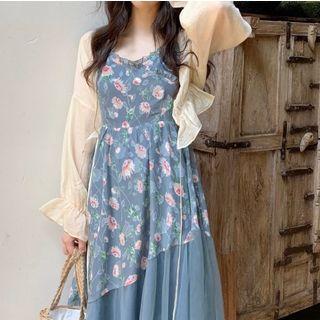 Floral Print Chiffon Mesh Panel Dress / Long-sleeve Cardigan