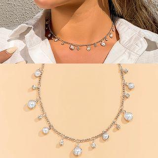 Faux Pearl Rhinestone Fringed Alloy Choker