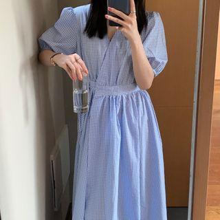 Short-sleeve Plaid Midi Dress Blue - One Size