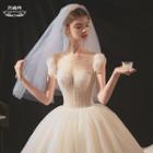 Sleeveless Faux Pearl Mesh Cutout-back Wedding Ball Gown