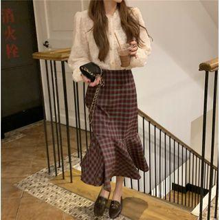 Long-sleeve Blouse / Plaid Midi Mermaid Skirt