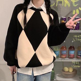 Round Neck Argyle Loose Fit Sweatshirt