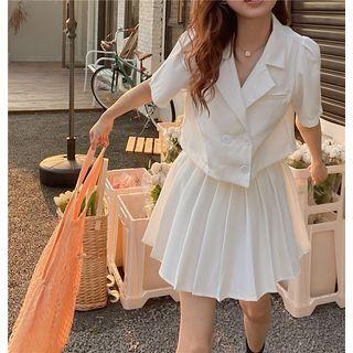 Short-sleeve Double-breasted Blazer / Pleated Mini A-line Skirt